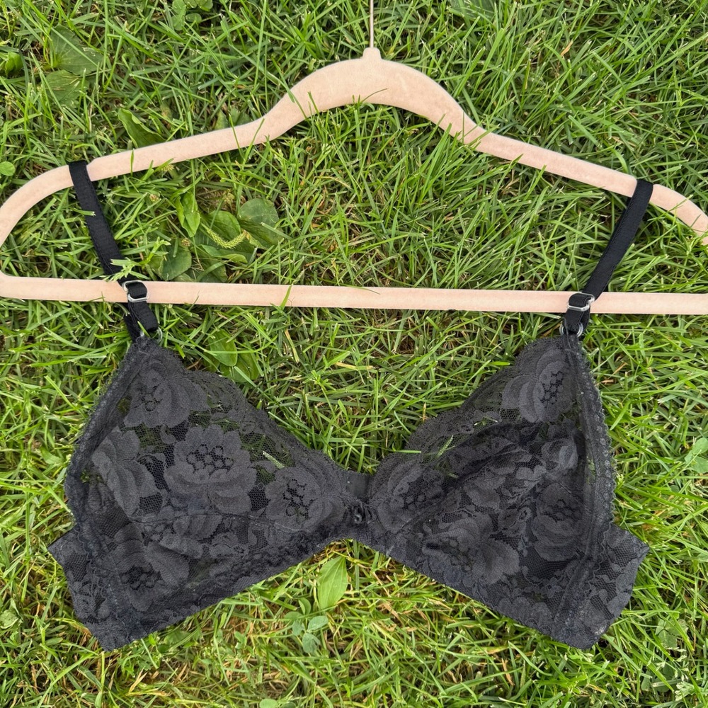 Vintage Floral Lace Bralette 34B Black Sheer Mesh Adjustable Straps